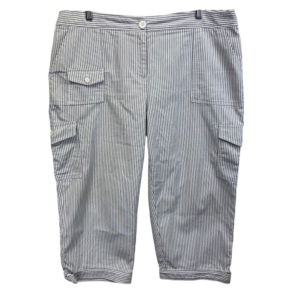 IZOD Ladies Striped Cargo Capri Pants Size 16 Blue White Casual Summer Sretch